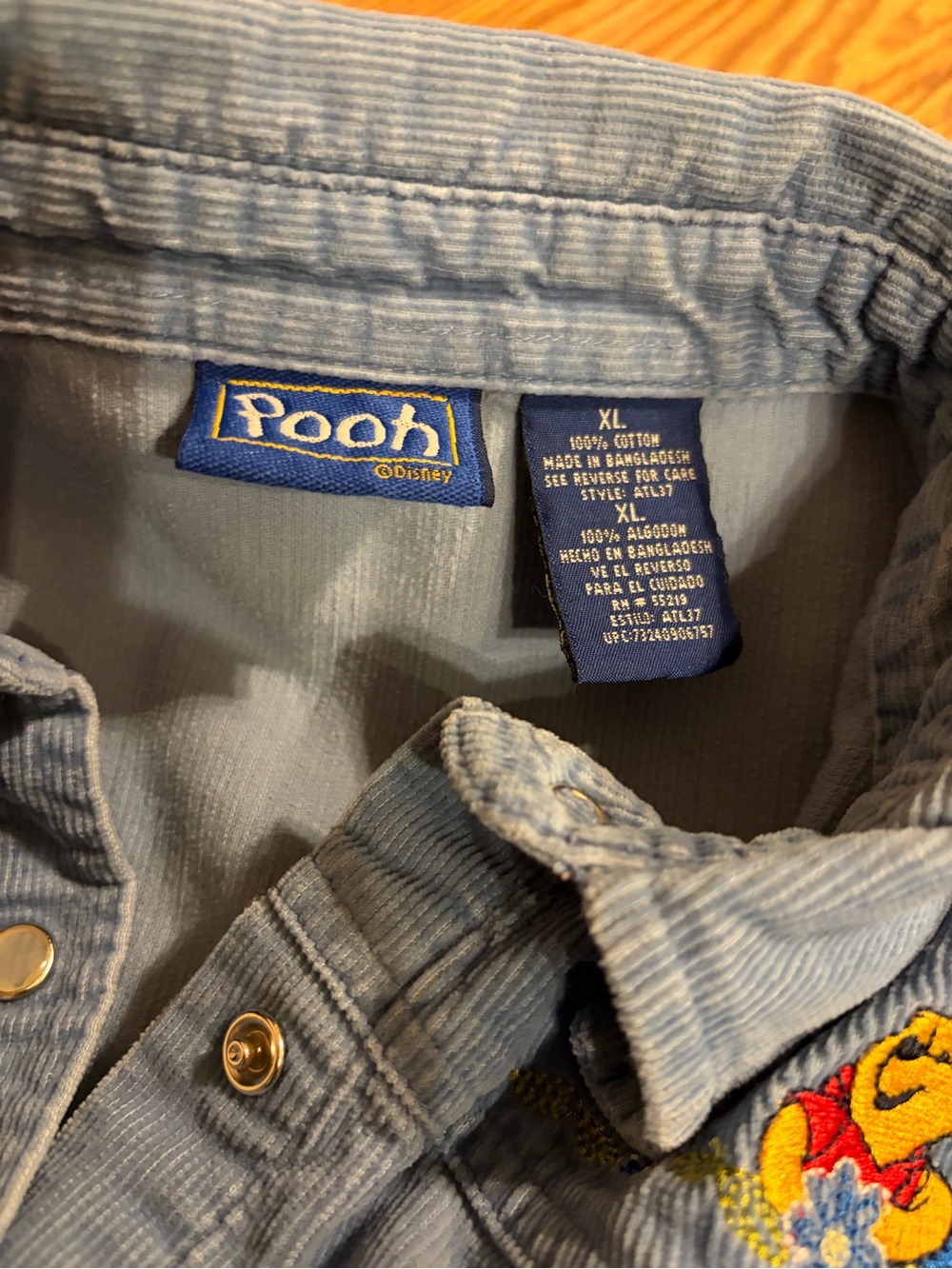 Vintage Disney Winnie the Pooh Blue  Embroidered Corduroy Button Down‎ XL - Picture 4 of 5